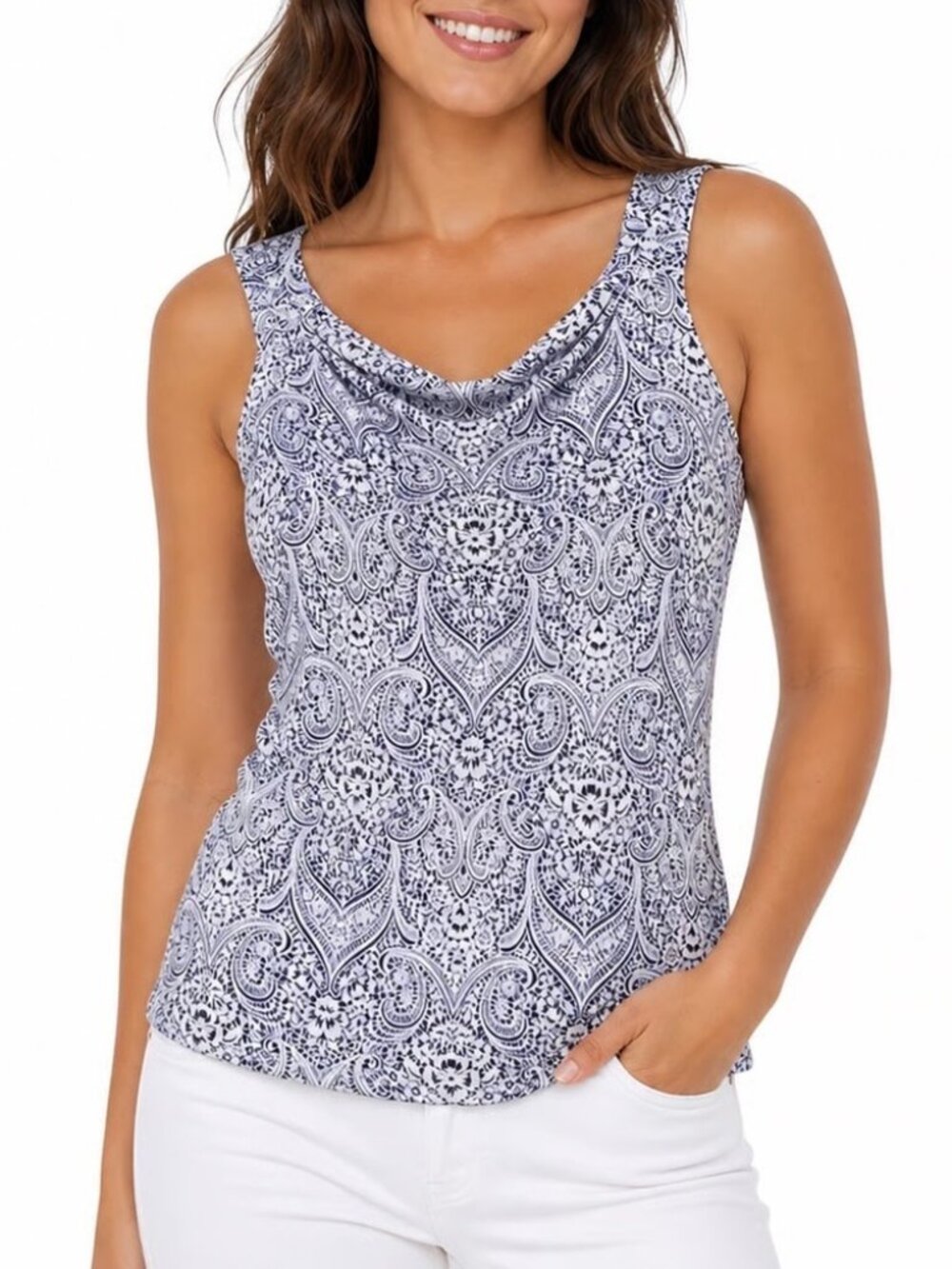 White House Black Market Paisley Cowl Neck Tank Blouse - Blue/White - Size Large